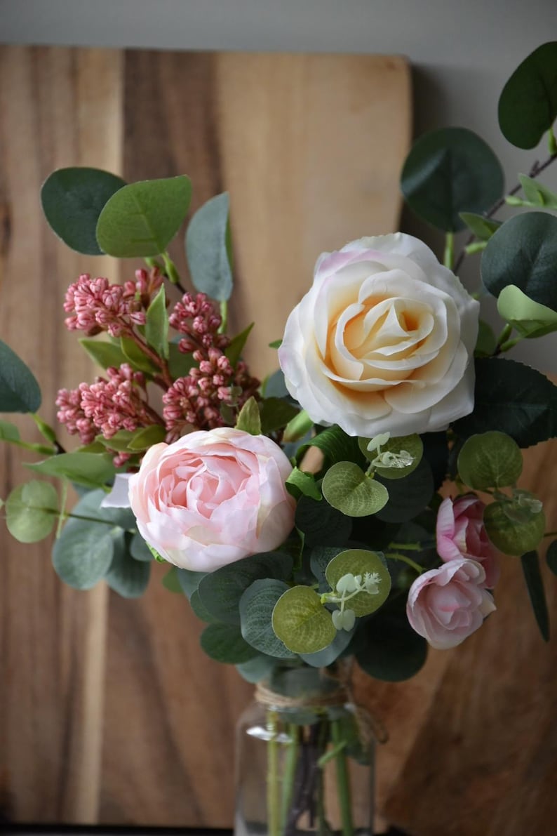Handmade Ivory and Pink Rose and Eucalyptus Floral Arrangement: Small ...