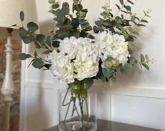 Hydrangea Flowers | Artificial Faux | Greenery | Flower Arrangement | Country | Floral | Flower Stem | Eucalyptus | White | Ivory | Pink