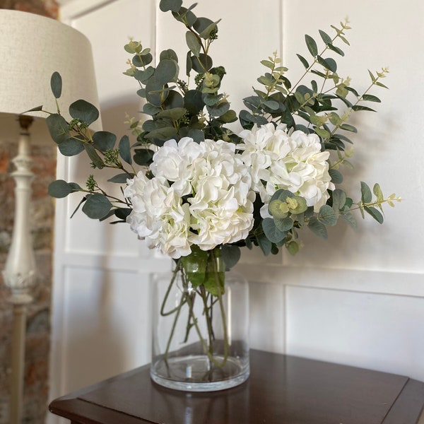 Hydrangea Flowers | Artificial Faux | Greenery | Flower Arrangement | Country | Floral | Flower Stem | Eucalyptus | White | Ivory | Pink