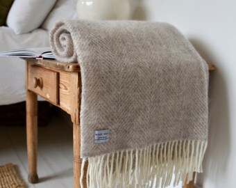 Pure New Wool Stone Beige Cream Throw, British Blanket Made in the UK Picnic Herringbone Fishbone Grey, present, gift oatmeal