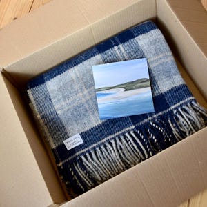 Mist and Tartan Blanket Gift Box| Pure New Wool Throw, British throw Made in the UK, Beige, Blue, Present, house warming