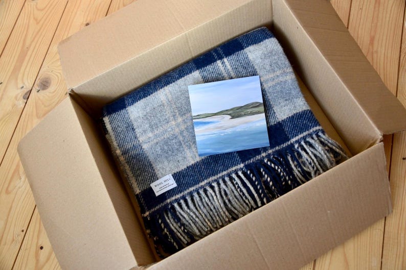 Puede incluir: Una manta de lana a cuadros azules y blancos con flecos est&aacute; doblada dentro de una caja de cart&oacute;n. Una tarjeta peque&ntilde;a con una pintura de una escena de playa est&aacute; encima de la manta.