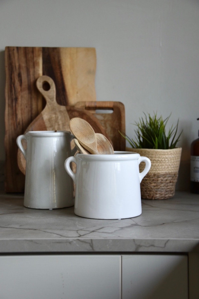 Scandi Kitchen Utensil Pot White Ceramic Pot with Handles Vase Kitchen Utensil Holder Ears Modern Country Home Decor New Home image 2