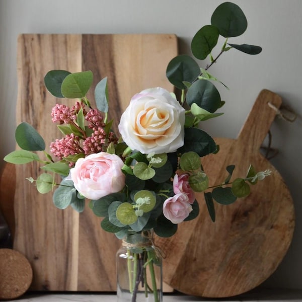 Handmade Ivory and Pink Rose and Eucalyptus Floral Arrangement: Small Cottage Style
