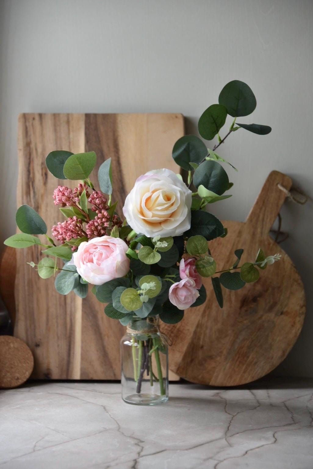 Handmade Ivory and Pink Rose and Eucalyptus Floral Arrangement: Small ...