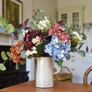 Pink Blue and Orange Budding Hydrangea and Eucalyptus Faux Floral Bouquet