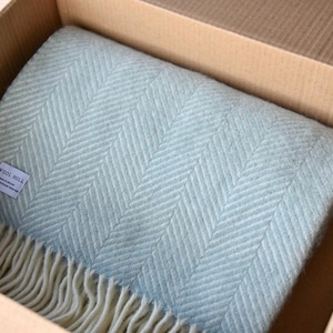 Duck Egg Blue Fishbone Wool Throw and Art Gift Set, British Blanket Made in the UK, Birthday rug, present, corporate gifting