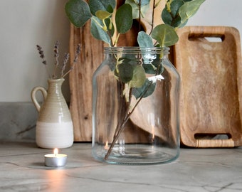 Eucalyptus and Glass Vase Large 20.5cm h, glass jar, bud, artisan, elegant, country farmhouse, bottle modern, modern home decor, flower vase