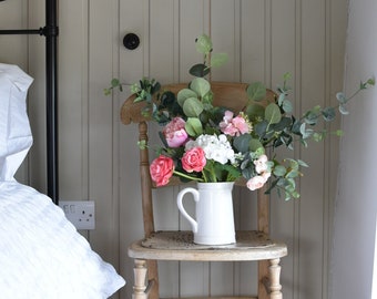 Pink Peony Rose Flower Arrangement | hydrangea eucalyptus | Artificial Faux floral | Greenery| Wedding flowers | White jug