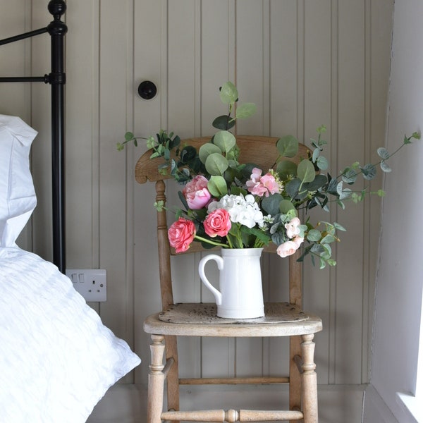 Pink Peony Rose Flower Arrangement | hydrangea eucalyptus | Artificial Faux floral | Greenery| Wedding flowers | White jug