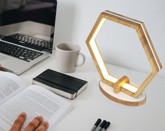 Hexagon LED table lamp, modern desk light, wooden lamp