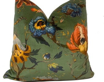 High End Luxury Designer Velvet Floral 'Olive Green' Handmade Cushion Cover Interior Decorative
