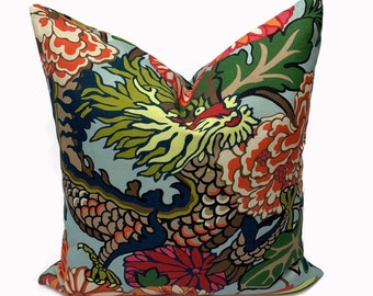 Schumacher Chiang Mai Dragon Outdoor/Indoor Aqua Double Sided Cushion Covers Pillow Covers