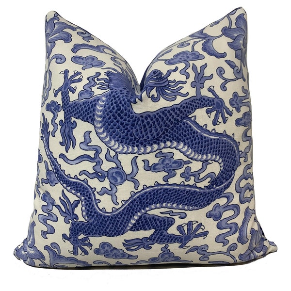 Scalamandre Chien Dragon Blue and White Cushion Cover Pillow Cover Velvet Backing