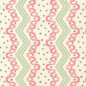 May include: A seamless pattern with a repeating design of pink wavy lines, green zigzags, and gray dots on a cream background.