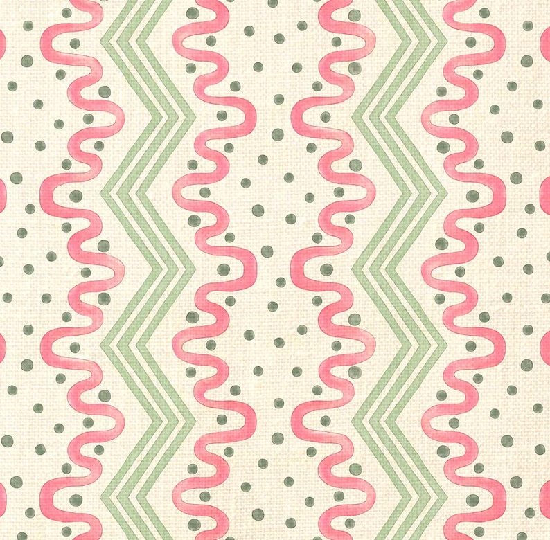May include: A seamless pattern with a repeating design of pink wavy lines, green zigzags, and gray dots on a cream background.