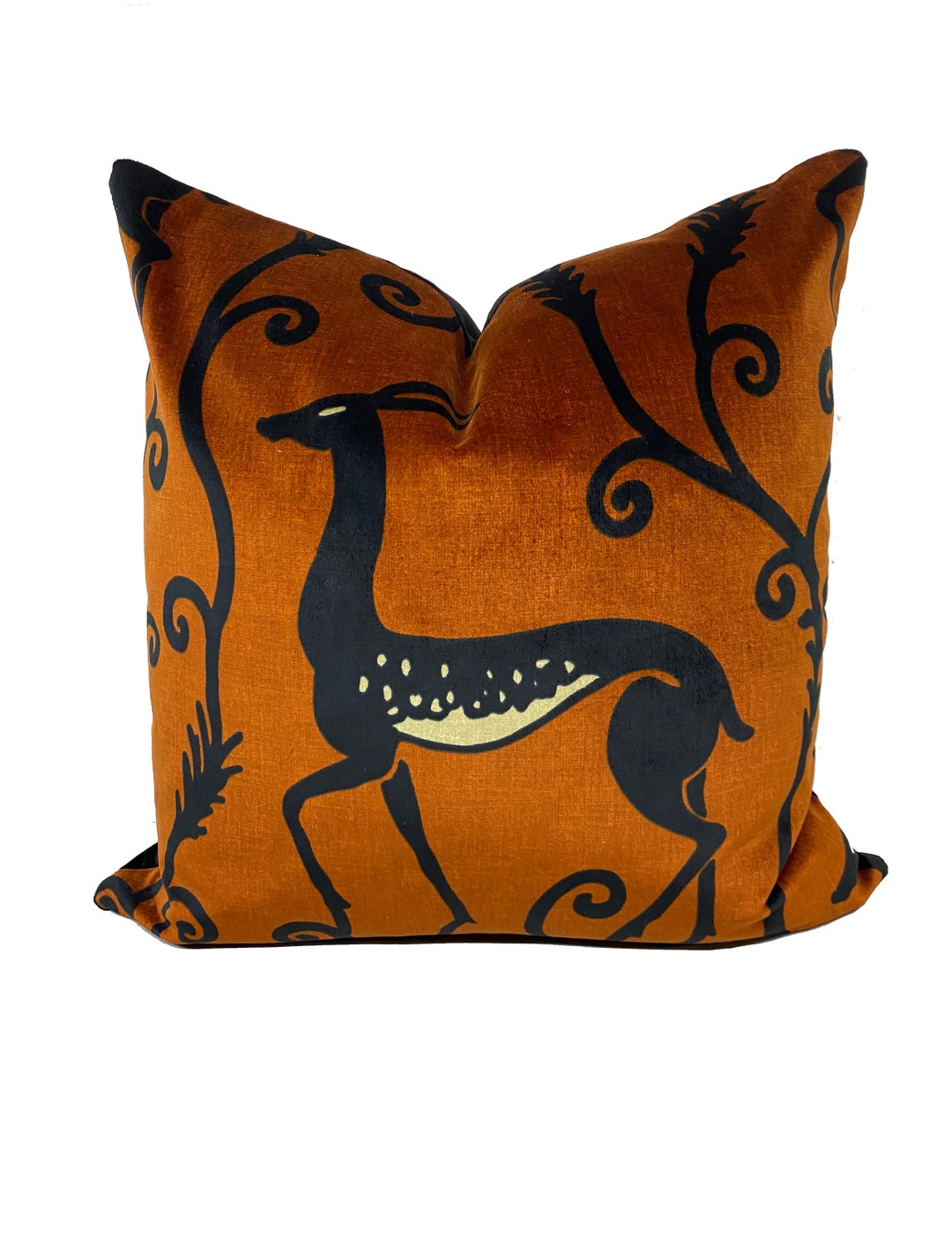 Zoffany Deco Deer Velvet Sahara Orange and Black Decorative Cushion