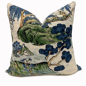 Thibaut Asian Scenic Dynasty Collection Blue and Green Cushion Cover Pillow Cover Double Sided