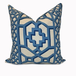 Schumacher Zanzibar Trellis Cushion Cover Pillow Blue Double Sided