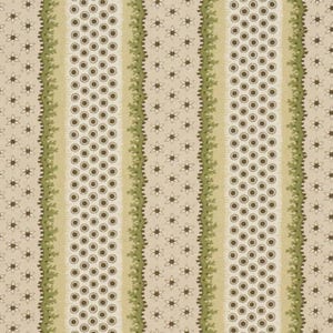 May include: A repeating pattern featuring vertical stripes. Alternating stripes include rows of brown circles, floral patterns, and a light green, scalloped border. The background is a light beige color.