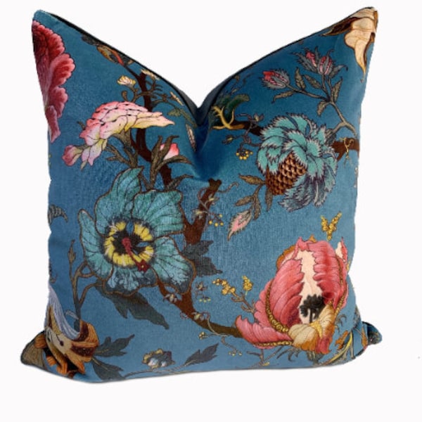 High End Luxury Designer Velvet Floral 'Blue' Handmade Cushion Cover Interior Decorative