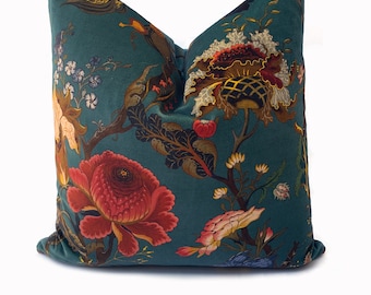 High End Luxury Designer Velvet Floral 'Petrol' Handmade Cushion Cover Interior Decorative
