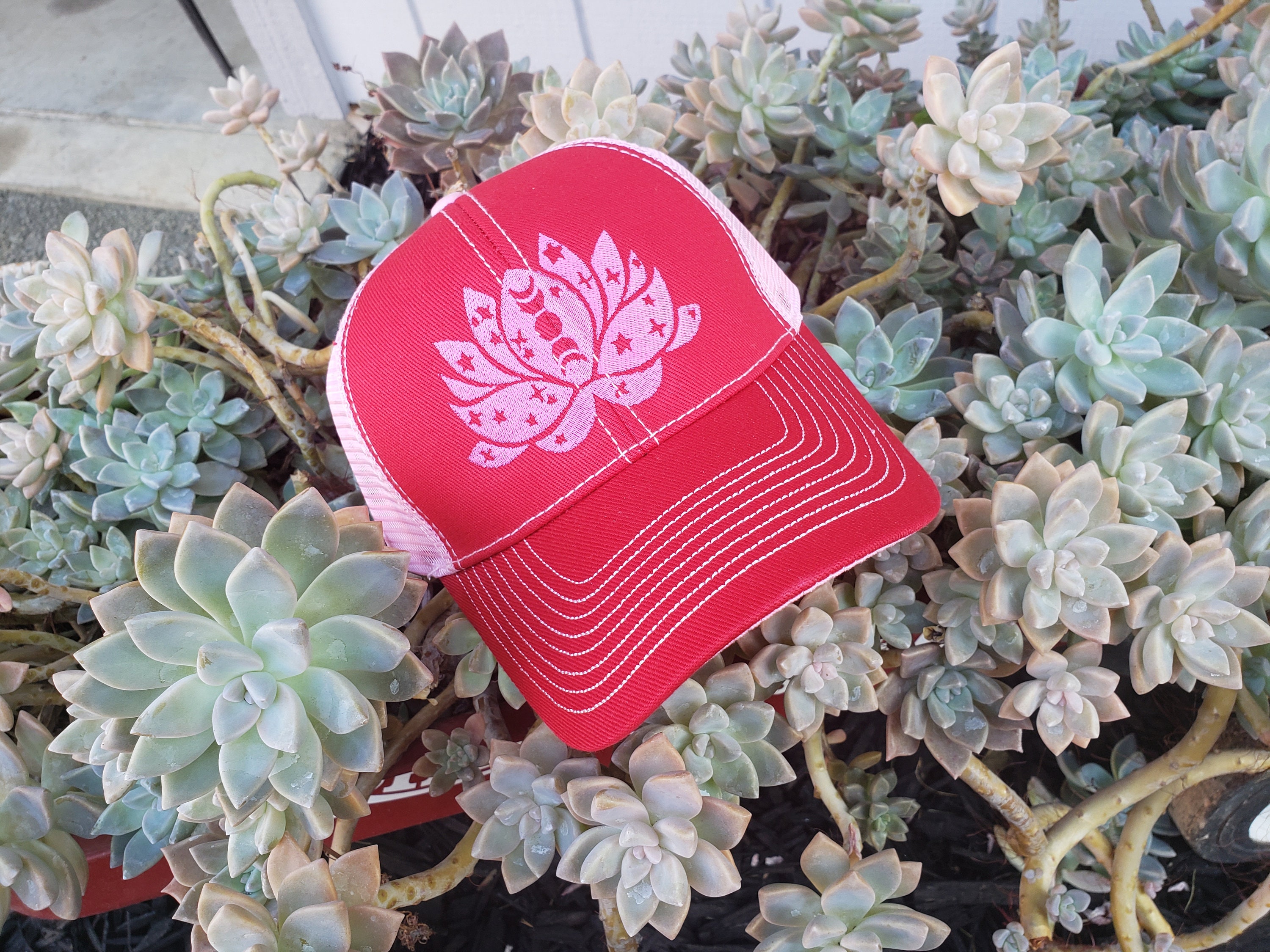 Lotus Flower Embroidered Hat Trucker Hat Stars & Moons Etsy