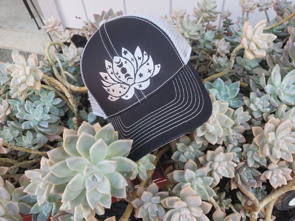 Lotus Flower Embroidered Hat Trucker Hat Stars & Moons Etsy
