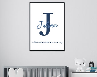 Birth poster dark blue with name Initial Birth dates Download | Birth picture | Birth announcement Birth dates dark blue | Creative shop JaNi