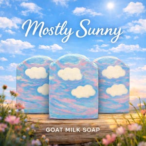 Peut inclure: Trois savons au lait de chèvre avec un motif sur le thème du ciel. Le savon présente une palette de couleurs bleu, rose et blanc avec des formes de nuages blancs. Le texte "Mostly Sunny" est au-dessus du savon, et "GOAT MILK SOAP" est en dessous.