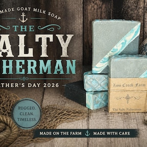 May include: Handmade goat milk soap, "The Salty Fisherman," with a rustic theme. The image features several bars of blue and white marbled soap, a fishing float, rope, and the text "Father's Day 2026."