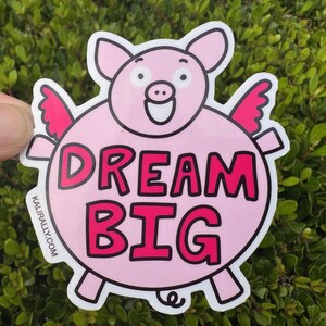 May include: A pink sticker featuring a cartoon pig with wings and the words "DREAM BIG" in pink letters. The pig has a smiling face and black outlines. The sticker has a white border and the website "kalirally.com" is printed on the left side.