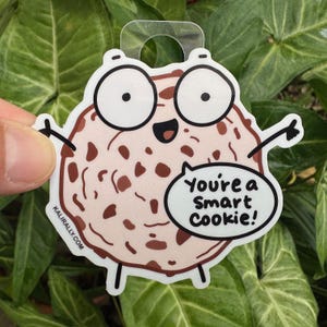 May include: A white chocolate chip cookie with brown chocolate chips, smiling with big eyes and a speech bubble that says "You're a Smart Cookie!"