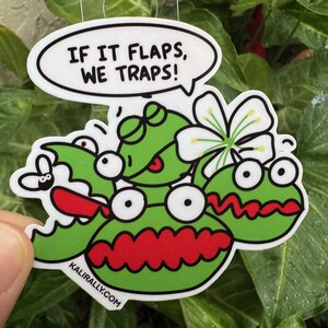 May include: A green sticker with a cartoon illustration of three frogs with big eyes and red mouths. The frogs are holding a fly. The sticker has the text "If it flaps, we traps!" and the website "kaliraily.com".
