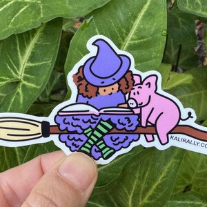 May include: A purple witch with a pointed hat and a pink pig are sitting on a broomstick reading a book together. The witch is wearing a green and purple striped dress. The pig is wearing a pink dress. The broomstick is yellow and has a brown handle. The book is open and has a white cover. The background is a green leafy plant. The sticker says "Kalirally.com".