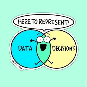 May include: A die-cut sticker featuring a Venn diagram with a bright blue circle labeled DATA and a pale yellow circle labeled DECISIONS. A central green overlapping section has a cartoon face, arms, and legs, with a speech bubble saying HERE TO REPRESENT!