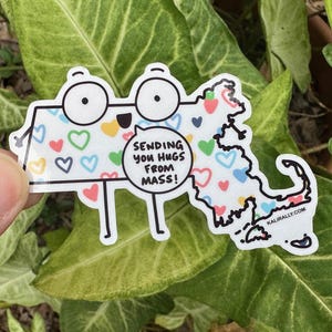 May include: A white sticker with a cartoon character wearing glasses and holding a speech bubble that says "Sending you hugs from Mass!" The character and the Massachusetts outline are decorated with colorful hearts.