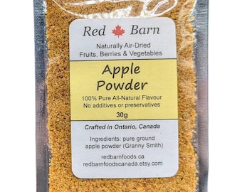 May include: A small pouch of 30 grams of apple powder, made from naturally air-dried apples. The pouch is labeled "Red Barn Apple Powder" and includes the text "100% Pure All-Natural Flavor, No additives or preservatives, Crafted in Ontario, Canada".