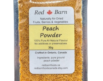 May include: A small pouch of peach powder, labeled "Red Barn Naturally Air-Dried Fruits, Berries & Vegetables Peach Powder 100% Pure All-Natural Flavour No additives or preservatives 30g Crafted in Ontario, Canada Ingredients: pure ground peach powder redbarnfoods.ca redbarnfoodscanada.etsy.com"