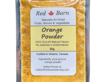 May include: A small pouch of orange powder labeled "Red Barn Orange Powder". The label says "Naturally Air-Dried Fruits, Berries & Vegetables" and "100% Pure All-Natural Flavor. No additives or preservatives. 30g. Crafted in Ontario, Canada. Ingredients: pure ground orange powder. redbarnfoods.ca redbarnfoodscanada.etsy.com"