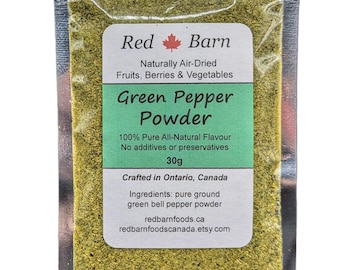 May include: A small pouch of green pepper powder, labeled "Red Barn Green Pepper Powder". The label also states "Naturally Air-Dried Fruits, Berries & Vegetables", "100% Pure All-Natural Flavour", "No additives or preservatives", "30g", "Crafted in Ontario, Canada", "Ingredients: pure ground green bell pepper powder", "redbarnfoods.ca", and "redbarnfoodscanada.etsy.com".