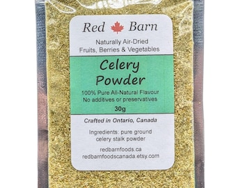 May include: A small, clear plastic bag containing 30 grams of celery powder. The bag has a label that reads "Red Barn Naturally Air-Dried Fruits, Berries & Vegetables Celery Powder 100% Pure All-Natural Flavour No additives or preservatives 30g Crafted in Ontario, Canada Ingredients: pure ground celery stalk powder redbarnfoods.ca redbarnfoodscanada.etsy.com"