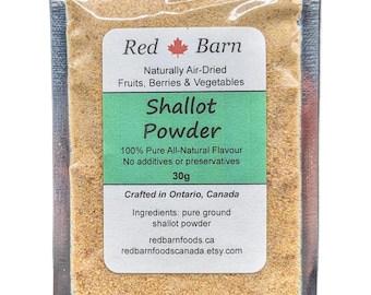 May include: A small pouch of dried shallot powder, labeled "Red Barn Shallot Powder". The label states that the powder is 100% pure all-natural flavor, with no additives or preservatives. It is crafted in Ontario, Canada and weighs 30 grams.