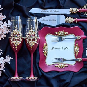 Burgundy Wedding Flutes Bordeaux wedding glasses and cake server set Marsala Toasting glasses