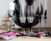 Black Silver wedding glasses and cake server with knife Wedding plate and personalized wedding forks Unity candle set Champagne glasses