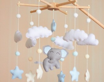 Elephant Baby Mobile with Clouds Felt Mobile Baby Nursery Decor for Newborn Boy Baby Nursery Mobile Baby Shower Gift Newborn Gift