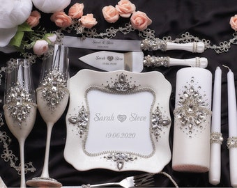 Ivory Wedding Glasses for bride and groom Wedding cake server Personalized Wedding flutes White Toating glasses