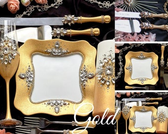 Gold Wedding glasses Personalized Wedding flutes Wedding Cake server set  with laser engraving