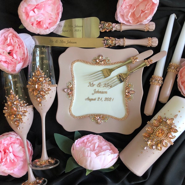 Quinceanera Glasses Rose Gold Wedding Glasses with cake server set Pale Pink Toasting glasses Engraved wedding knife and server