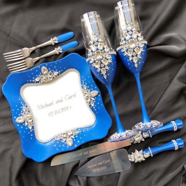 Royal Blue Glitter Three Piece Wedding Set - Guestbook, Pen, Knife & Server Set